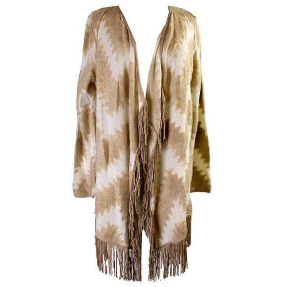 INC International Concept Soft Tan and Cream Fringed Open Cardigan Women’s M GUC - Picture 1 of 11